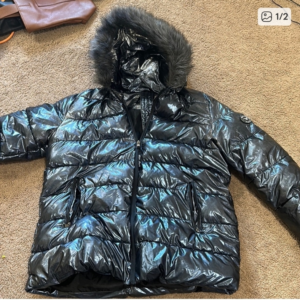 White Mark Metallic Dark Navy Puffer Coat